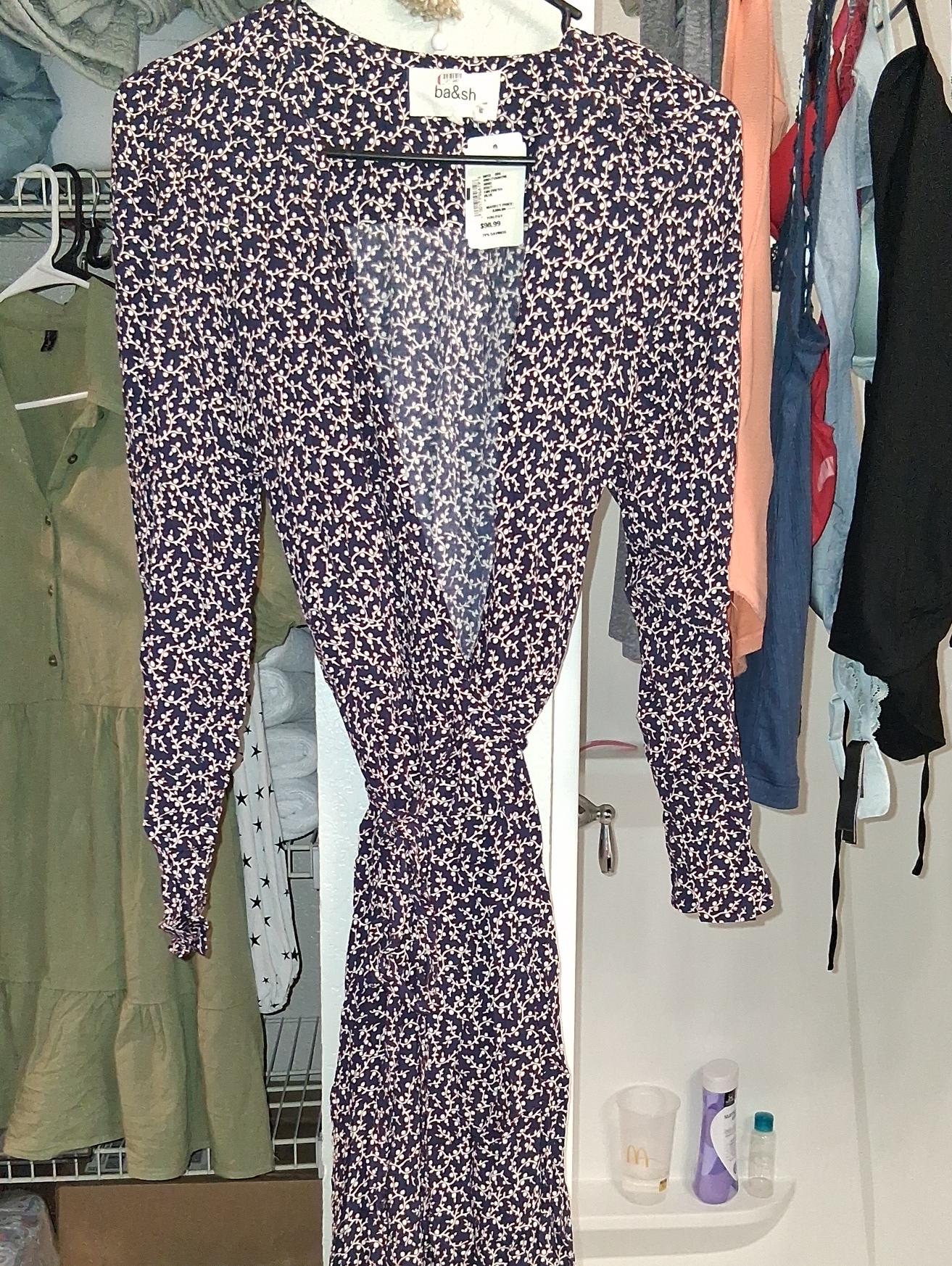 Ba&Sh Navy And Light Pink Floral Wrap Dress